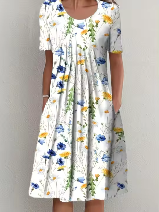 Vestido Corto Elegante Para Mujer Con Cuello Redondo Y Estampado Manga Corta Primavera Verano A-Line Midi Polyester - 1