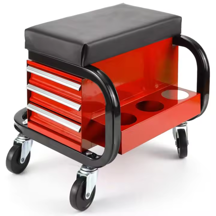 Asiento taburete de taller con 3 cajones, soportes para spray y ruedas giratorias 360 - 1