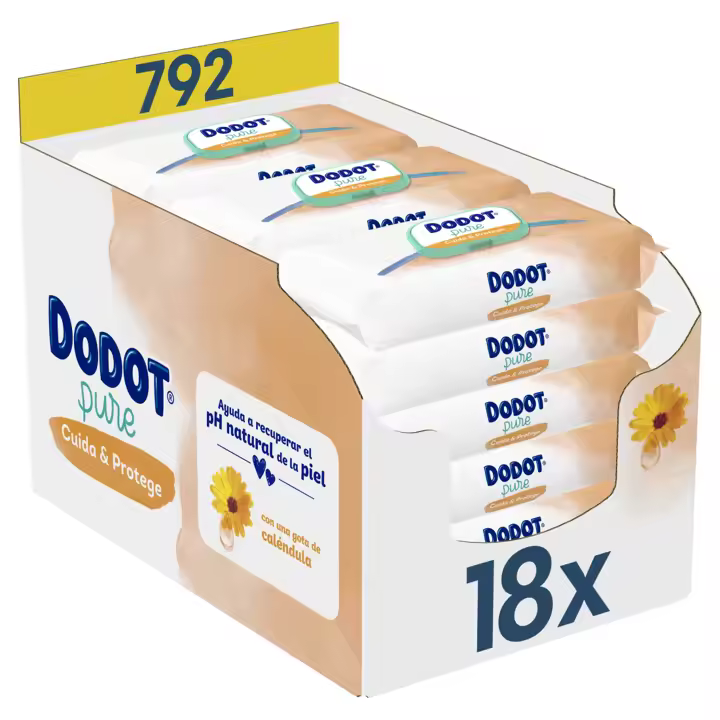 Dodot Toallitas Pure Calma & Protege con Caléndula para Bebé, 792 Toallitas (18 Paquetes de 44 Toallitas), Ayuda a restaurar el pH natural de la piel, una gota de Caléndula. - 1
