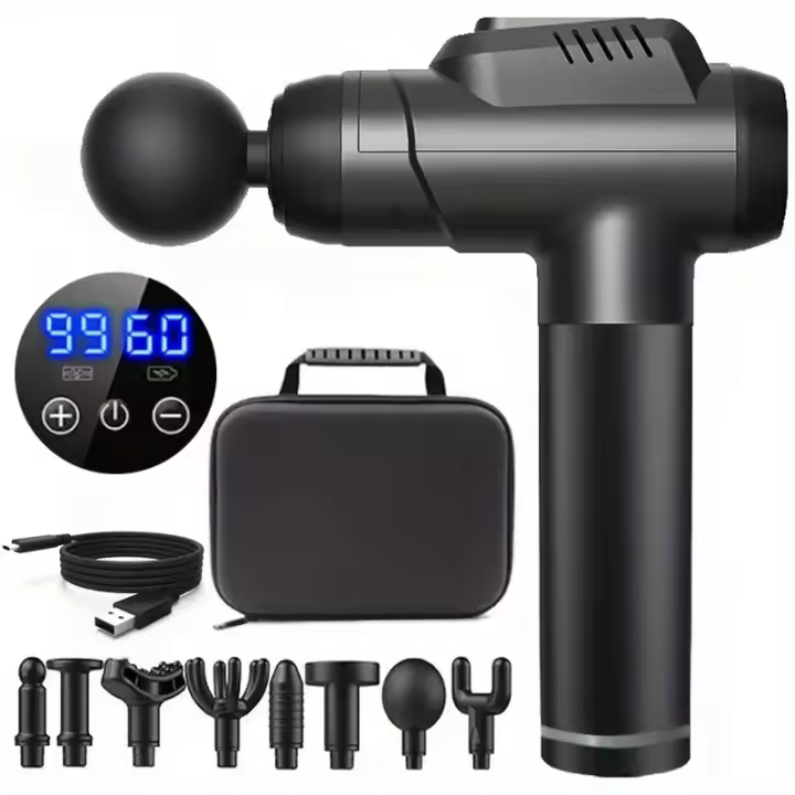 Pistola de Fascia Recargable  99 Niveles Pantalla LED 8 Cabezales de Masaje - 1