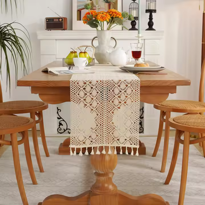 Mantel de Ganchillo Beige Clásico con Borlas Vintage para Fiestas Navideñas - 1