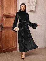 Vestido Maxi Skinny Pleuche Para Mujer Elegante De Noche Con Cinturón Manga Larga Estilo Árabe Islámico A-LINE O-Neck Casual - details 1