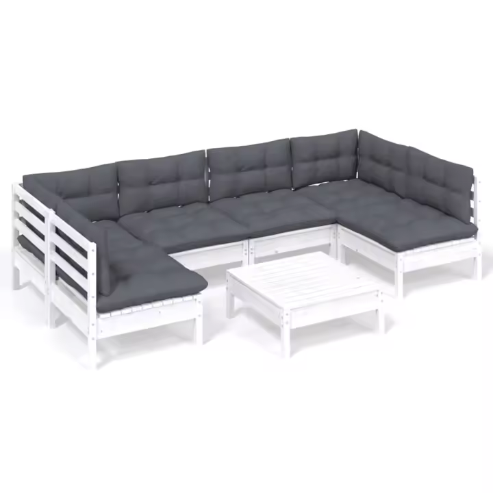 vidaXL Muebles de jardín 7 pzas y cojines blanco madera maciza de pino - 1
