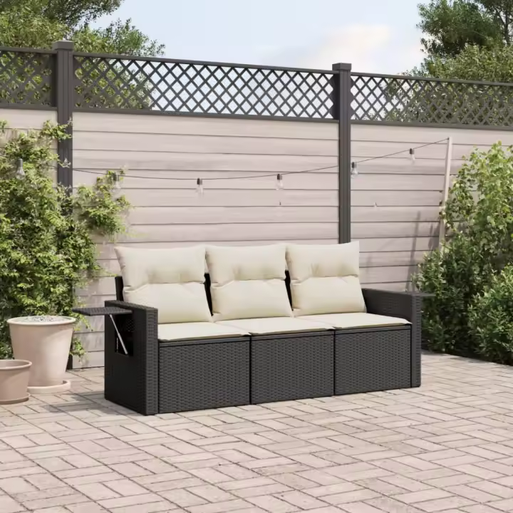 vidaXL Set de sofá de jardín 3 pzas y cojines ratán sintético en color Gris/Negro y crema | acolchados duraderos para sofás de jardín terraza exterior - 1