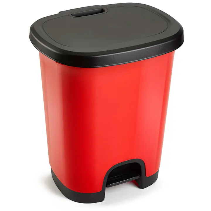 Tradineur - Cubo de basura con pedal - Fabricado en Plástico - Capacidad de 27 Litros - 45 x 38 x 32 cm - Color Rojo y Negro - 1