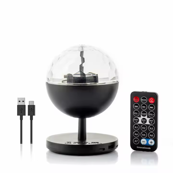 InnovaGoods® Bola Luces Discoteca LED con Altavoz, Proyector de Luz Multicolor Fija o secuencial con Sonido Activado, Ranura para tarjetas TF, Rotación de 360, Ideal para Cumpleaños, fiestas. - 1