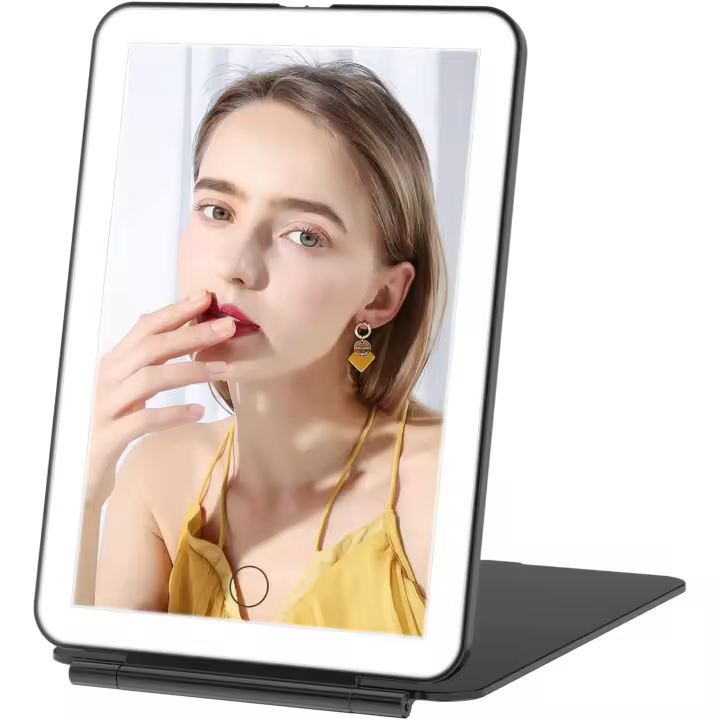 Espejo de maquillaje recargable con luces LED, espejo de belleza portátil de viaje iluminado, iluminación de 3 colores, pantalla táctil regulable, color negro - 1