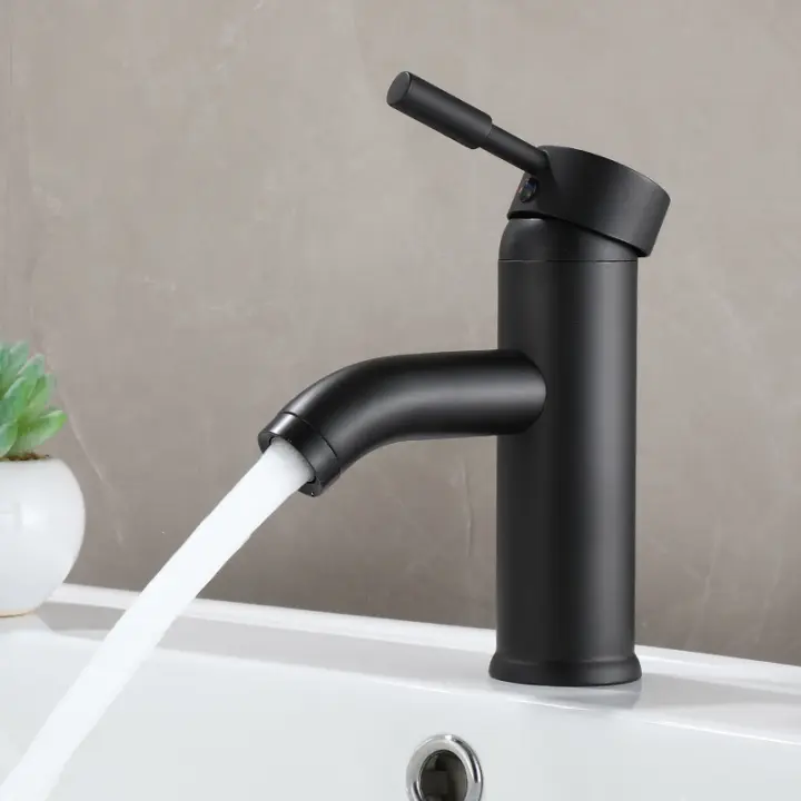 Grifo de baño de estilo minimalista negro, mezclador de agua fría y caliente, grifos de lavabo de acero inoxidable - 1
