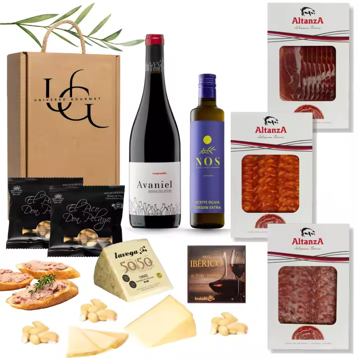 UNIVERSO GOURMET | Cesta Gourmet para Regalar | Vino DO.Ribera | Aceite Oliva Virgen Extra | Embutidos Ibericos Bellota | Jamón Ibérico y Queso Oveja | Pate Pedro Ximenez y Picos Pan Artesanos - 1