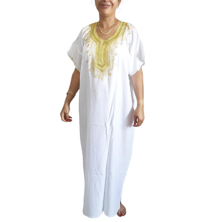 Horus Artesanía de Egipto Vestido Túnica Algodón Blanco Fluido Verano Playa