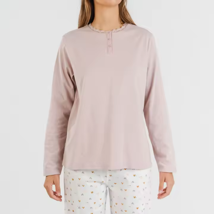 TRAMAS+ Pijama de Mujer 100% Algodón, Camiseta Manga Larga y Pantalón - 1