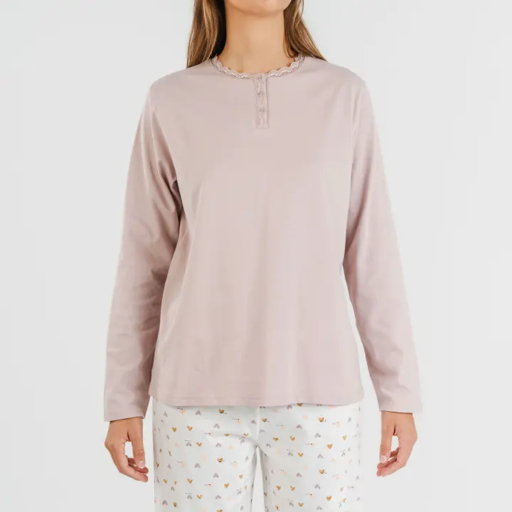 TRAMAS+ Pijama de Mujer 100% Algodón, Camiseta Manga Larga y Pantalón - 1
