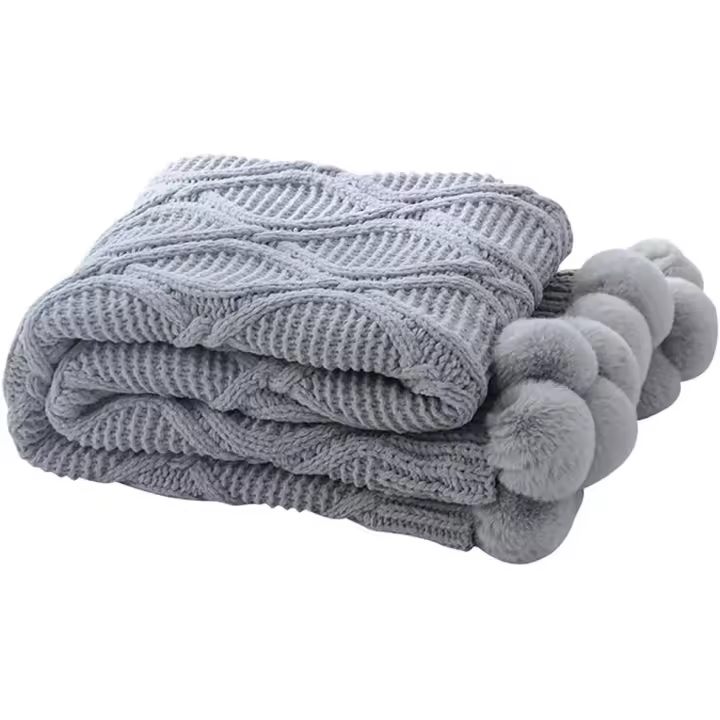 Manta de DOT de chenilla a Cuadros con pompones-Manta de Cama suave y Cálida Sofá (130x160cm)-Gris - 1