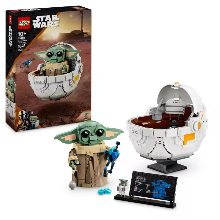 LEGO 75403 Star Wars Grogu con Aerocuna, Figura Articulada de Baby Yoda de Juguete y Minifigura, Decoración de Habitación Juvenil, Regalo para Niños y Niñas de 10 Años o Más y Fans de The Mandalorian - 1