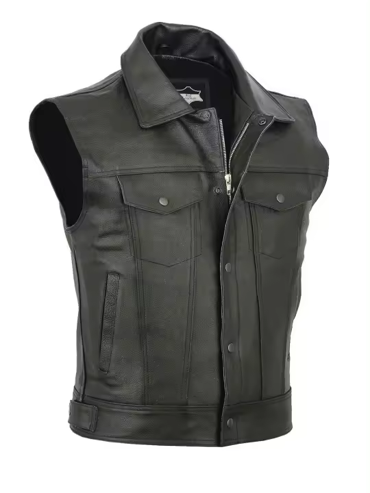 Chaleco De Cuero Para Hombre Estilo Biker Sin Mangas Color Sólido Con Bolsillo Grande Chaqueta Casual De Cuero Sintético Vintage Tallas S-5XL - 1