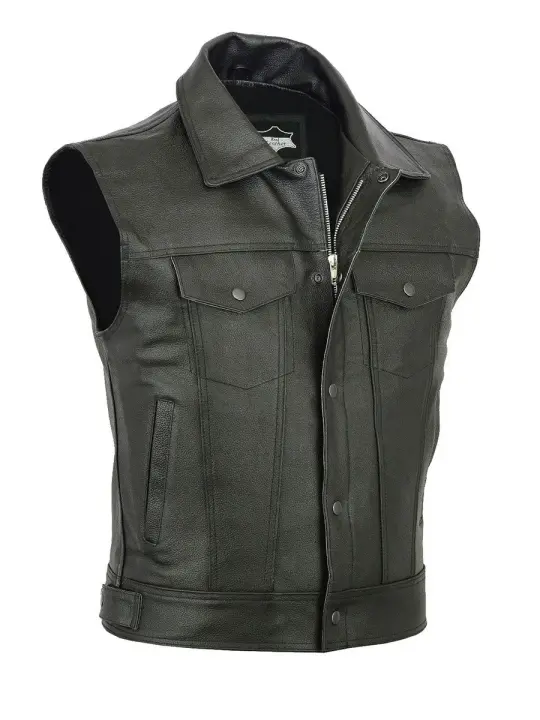 Chaleco De Cuero Para Hombre Estilo Biker Sin Mangas Color Sólido Con Bolsillo Grande Chaqueta Casual De Cuero Sintético Vintage Tallas S-5XL - 1