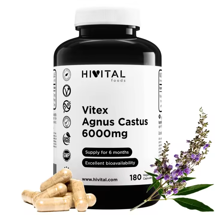 Vitex Agnus Castus Sauzgatillo 6000 mg. 180 cápsulas veganas para 6 meses. El Vitex Agnus Castus o Sauzgatillo ayuda a recuperar el equilibrio hormonal femenino y a reducir el dolor premenstrual. Hivital - 1