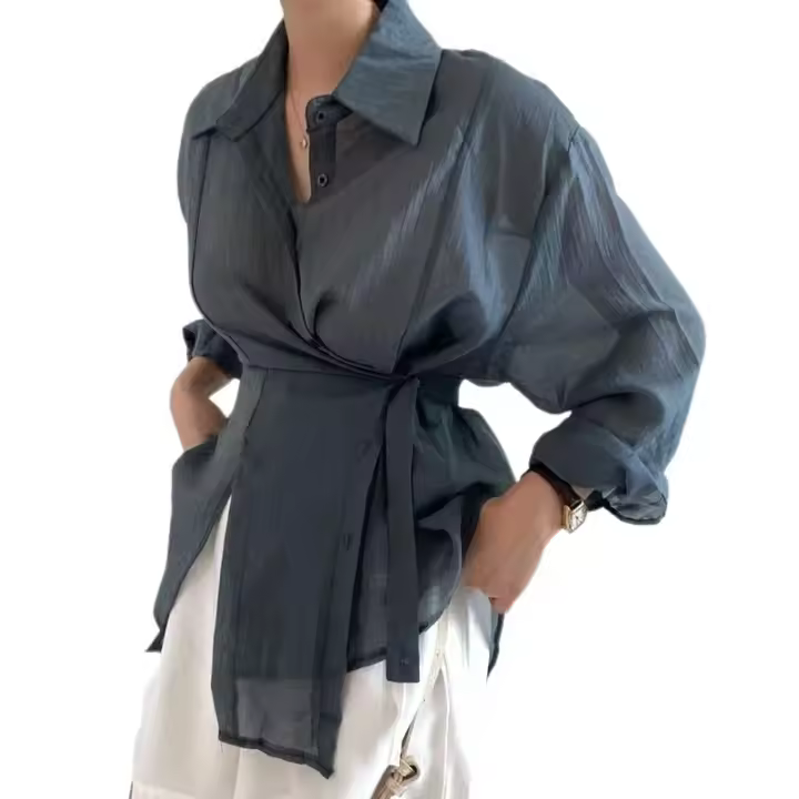 Camisa Casual Para Mujer Suelta Con Cinturón Y Cuello En V Vintage De Manga Larga Transpirable Para Oficina Y Uso Diario - 1