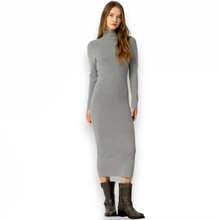 Vestido Tiffosi Chloe Mujer | Midi Gris Acero Cuello Alto Manga Larga | Viscosa Poliéster Poliamida Comodidad - 1