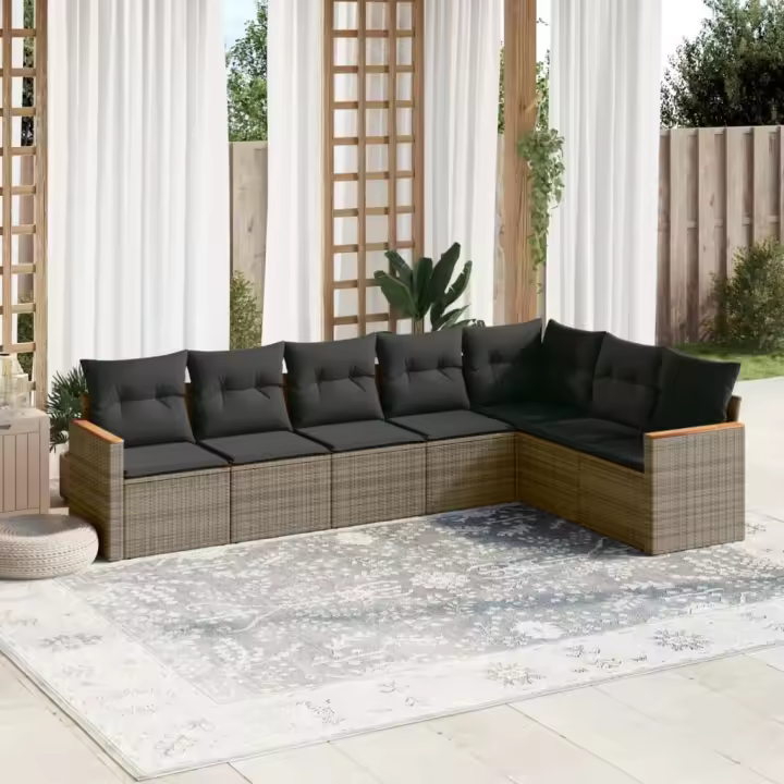 vidaXL Set de sofás de jardín 7 piezas con cojines ratán PE gris - 1