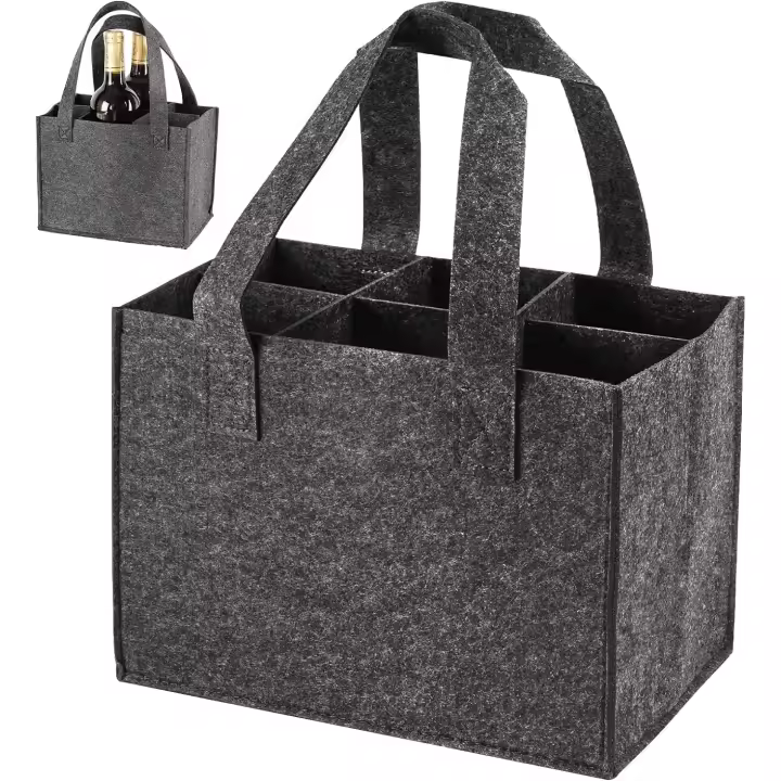 Bolsa para Botellas con 6 Compartimentos, Bolsa de Fieltr, Bolsas para Botellas, Bolsa para 6 Botellas, Bolsa de Vino, Portabebidas 25x16x18cm, Bolsa de Bino de Fieltro, Gris - 1