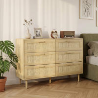 HOMCOM Cómoda 6 Cajones con Frontal de Ratán, Cómoda Dormitorio con Patas de Madera, Cajonera para Salón, Oficina, Estilo Bohemio, 110x40x75 cm, Roble - details 1