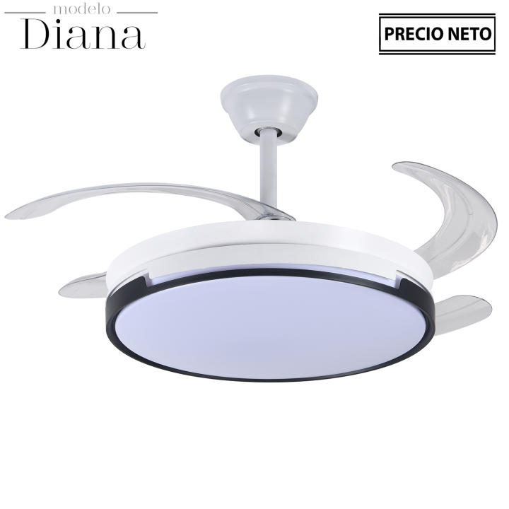 Ventilador techo con luz diana blanco 4 aspas retráctiles, material metal, acrílico, medidas 106x36-53 cm Fijalo — oferta en Miravia