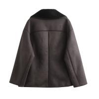 TRAFZA Chaqueta De Moda Invierno Para Mujer Marrón Oscuro Con Bolsillos Y Cuello En V Estilo Retro Elegante Con Botones - details 12