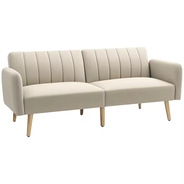 HOMCOM Sofá convertible de 2 plazas de diseño escandinavo con respaldo reclinable en 3 posiciones y patas de madera en tejido efecto lino beige - 1