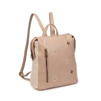 Mochila de mujer en polipiel y textil con bordados decorativos, diseño moderno y acabados artesanales, ligera y funcional para uso diario, ideal para ciudad, escapadas o viaje, disponible en colores beige, verde, rosa y más | Sara Bags - details 0