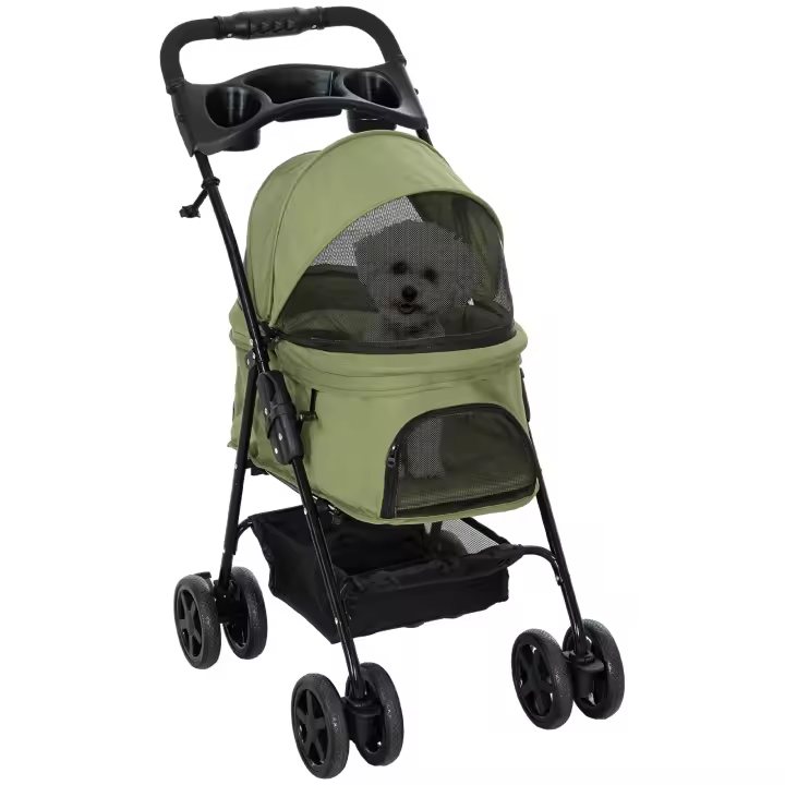 PawHut Cesta para cochecito de perro y gato plegable, portavasos de almacenamiento, tela Oxford 300D, impermeable, 4 ruedas, color verde - 1