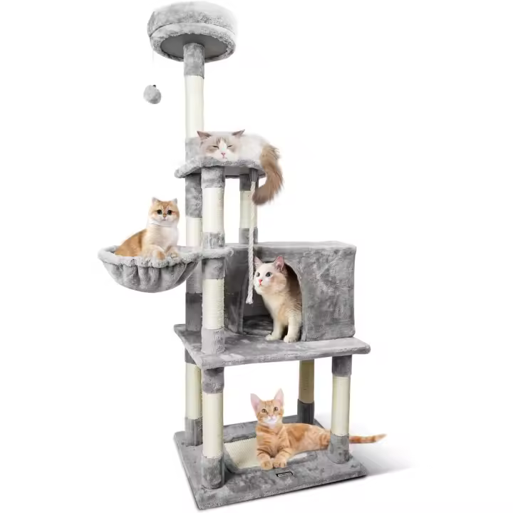 Cat Tree 148cm, Árbol Rascador para Gatos Altura, Rascador para Gatos Grandes de Varias Capas, Nido Colgante para Gatos, 9 Postes de Sisal, Pelotas de Felpa, Gris - 1