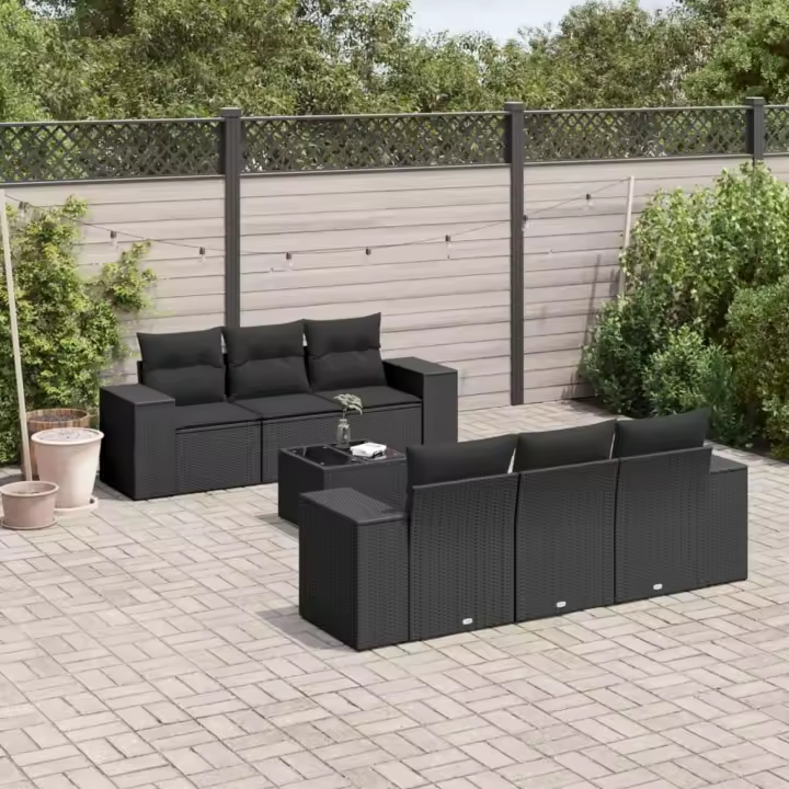 vidaXL Set de comedor de jardín 7 pzas y cojines ratán sintético negro - 1