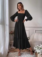 Vestido De Mujer Para Primavera/Verano Con Cuello Cuadrado Y Mangas Largas Ajustado En Cintura Con Volantes Y Corte Flared - details 11