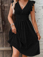 Vestido De Mujer Con Manga De Hoja De Loto Verano Cuello En V Bordado Rompepiés Midi A-Line Para Ocasiones Casuales - details 3
