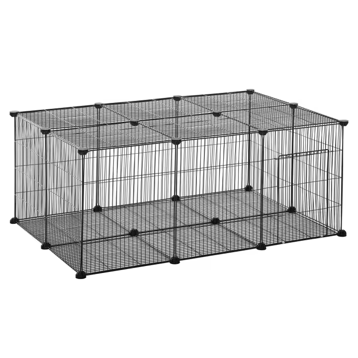 PawHut Parque para Mascotas DIY Jaula para Animales Pequeños de 22 Paneles de Malla Metálica con Puerta Conejos Cobaya 105x70x45 cm Negro - 1