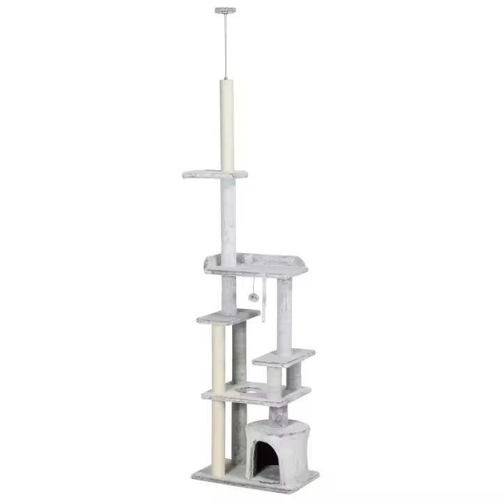 PawHut Rascador para gatos con techo alto, rascador para gatos, 225-255 cm, árbol trepador con pelota de juego, cueva para gatos, escaleras para gatos, muebles para gatos, gris claro - 1