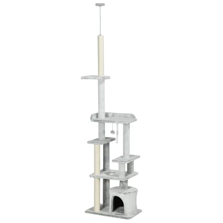 PawHut Rascador para gatos con techo alto, rascador para gatos, 225-255 cm, árbol trepador con pelota de juego, cueva para gatos, escaleras para gatos, muebles para gatos, gris claro - 1
