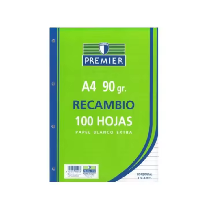 Recambio Premier 100 hojas 90 gramos con 4 taladros - disponible en rayado cuadrícula 4x4, una línea / horizontal - pauta 2,5 - 1