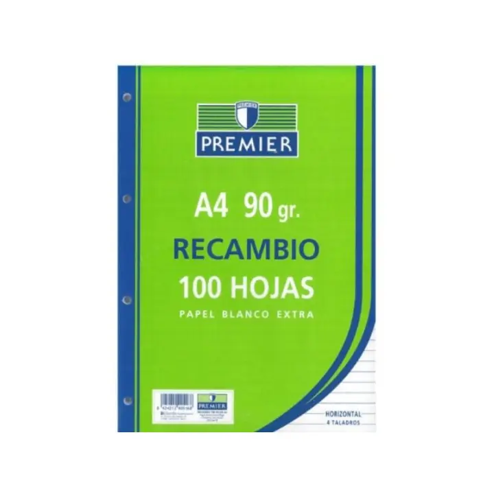 Recambio Premier 100 hojas 90 gramos con 4 taladros - disponible en rayado cuadrícula 4x4, una línea / horizontal - pauta 2,5 - 1