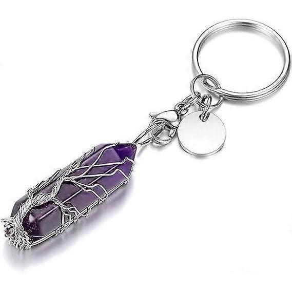 Keychain with healing crystal stone, silver-colored tree of life, wire-wrapped hexagonal crystal lace pendant