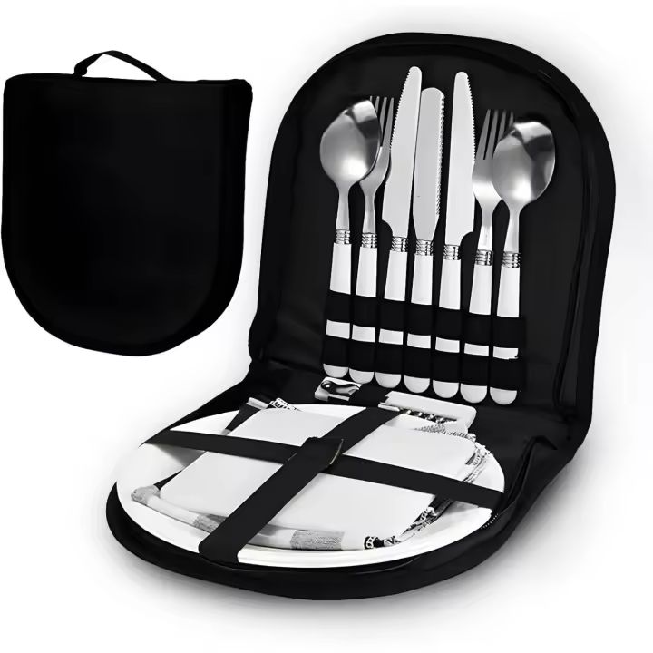 Juego de cubiertos para camping, utensilios de cocina portátiles, 13 en 1, multifuncionales, con bolsa impermeable para camping, picnic y senderismo (negro) - 1