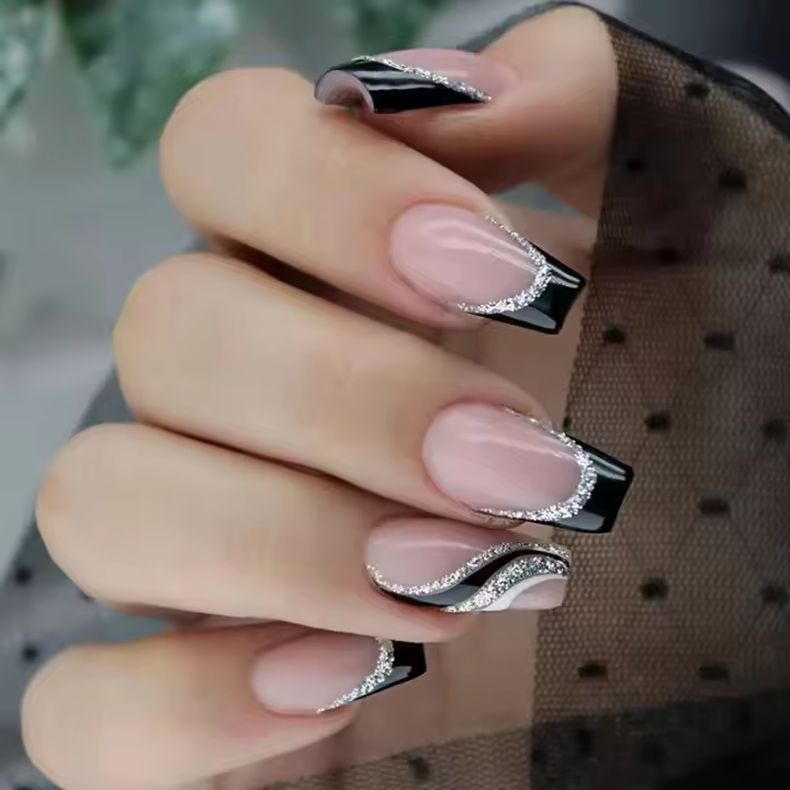 Set De 24 Uñas Postizas De Ballet Mediano Largo Con Dibujos De Rayas Y Brillo Negro Y Plateado Uñas Artificiales Francesas Removibles Para Oficina Y Fiestas - 1