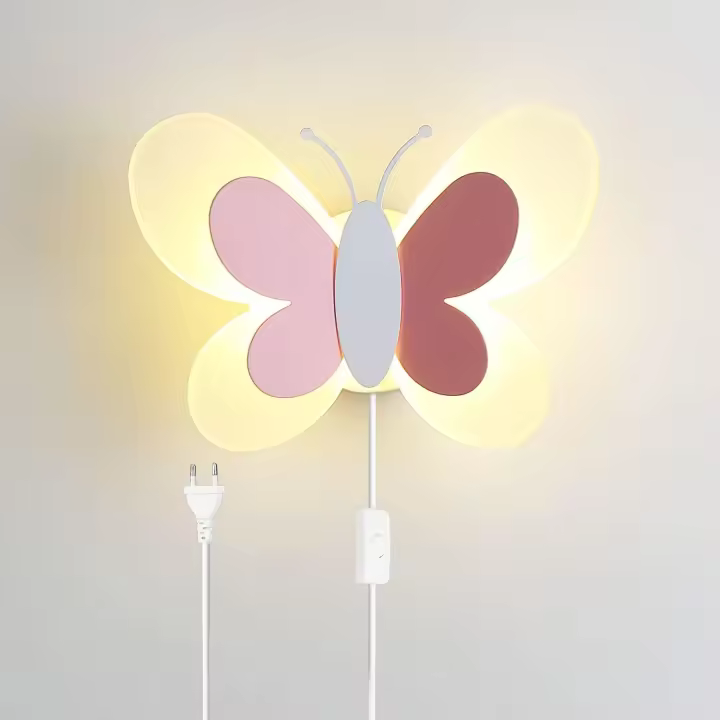 Lámpara de pared LED para Niños con interruptor-Aplique de pared con cable y enchufe-Luz Nocturna Tricolor - Mariposa Rosa - 14W - 1