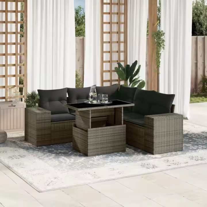 vidaXL Set de muebles de jardín 6 pzas y cojines ratán sintético gris - 1