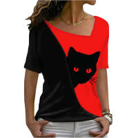 Blusa De Verano Para Mujer Estilo Nuevo Con Cuello Inclinado Y Estampado De Gato Negro Manga Corta Camiseta Casual De Polyester Y Spandex - details 4