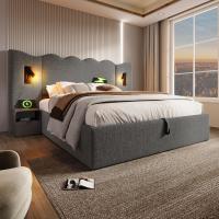 Cama tapizada Twin 160x200 with Luz de Lectura y Carga USB Typo-C, somier de almacenamiento with listones de Madera maciza y metal, Gris, Linen (cojín no incluido). - details 8