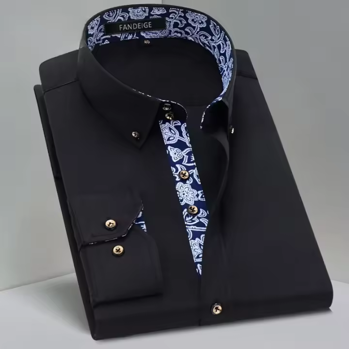 Camisa Larga De Manga Para Hombre Verano Delgada Con Cuello De Porcelana Azul Y Blanco Para Ropa Formal Y Casual Negro Náutico - 1