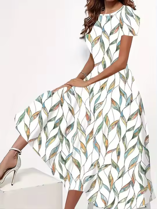 Vestido De Verano Con Cuello Redondo Y Bolsillos De Falda Larga Manga Corta Estilo Casual Para Mujeres De Mediana Edad - 1