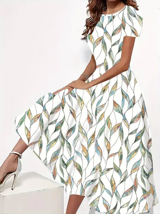 Vestido De Verano Con Cuello Redondo Y Bolsillos De Falda Larga Manga Corta Estilo Casual Para Mujeres De Mediana Edad - 1